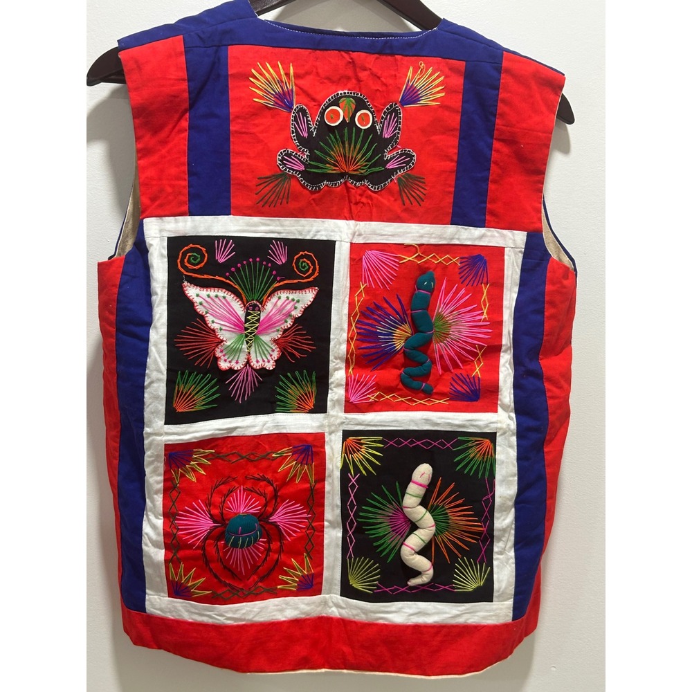 Vintage Chinese Folk Art Embroidered Vest Dragon Phoenix Blue Red Patchwork - Picture 2 of 6